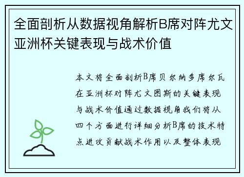 全面剖析从数据视角解析B席对阵尤文亚洲杯关键表现与战术价值